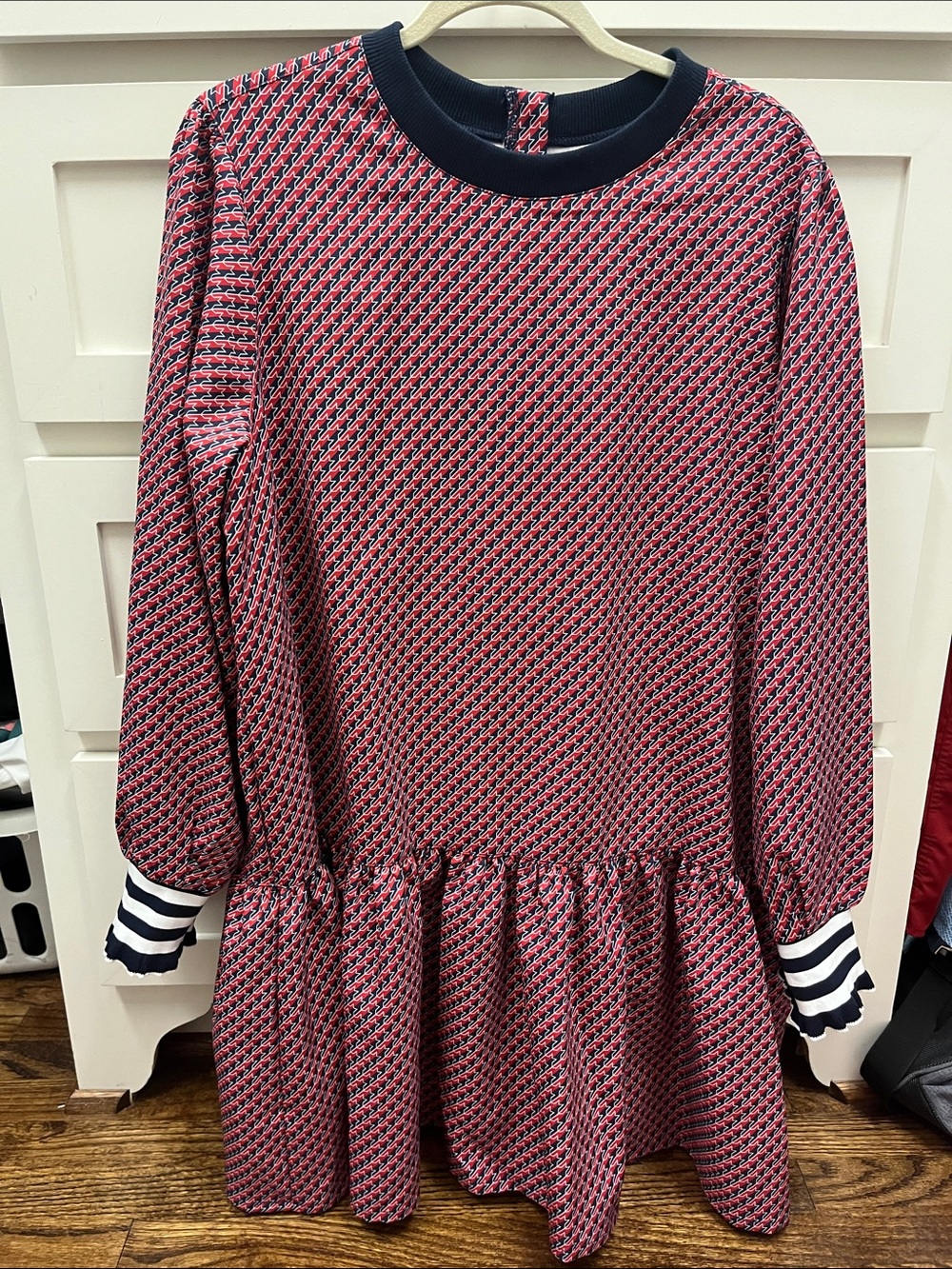 Addison Bay Red Patterned Long-Sleeve Drop Waist Dress with Navy Trim
